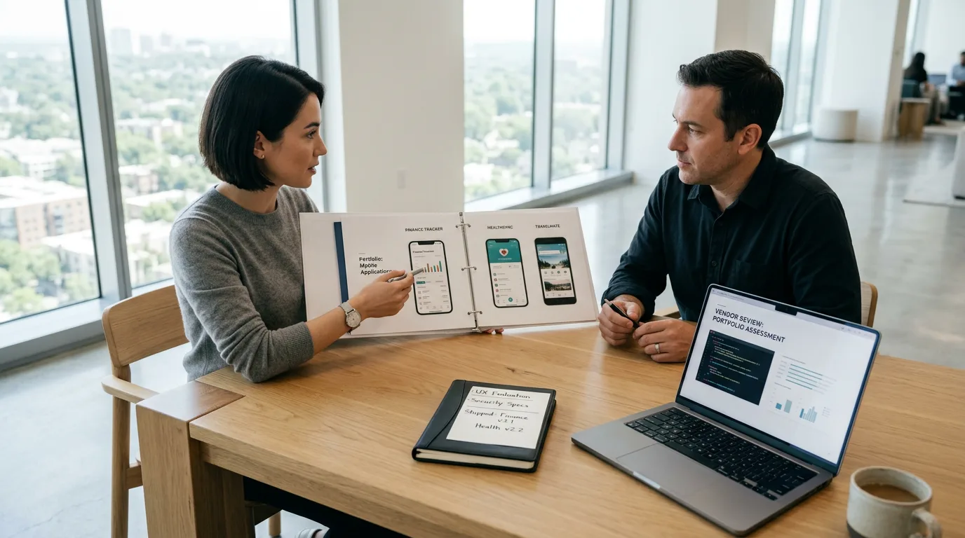 Client and technical lead review mobile app portfolio with laptop and printed screenshots