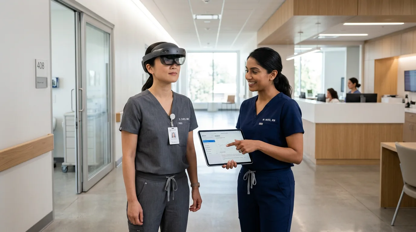Clinician wearing AR headset reviewing patient data beside colleague with tablet.
