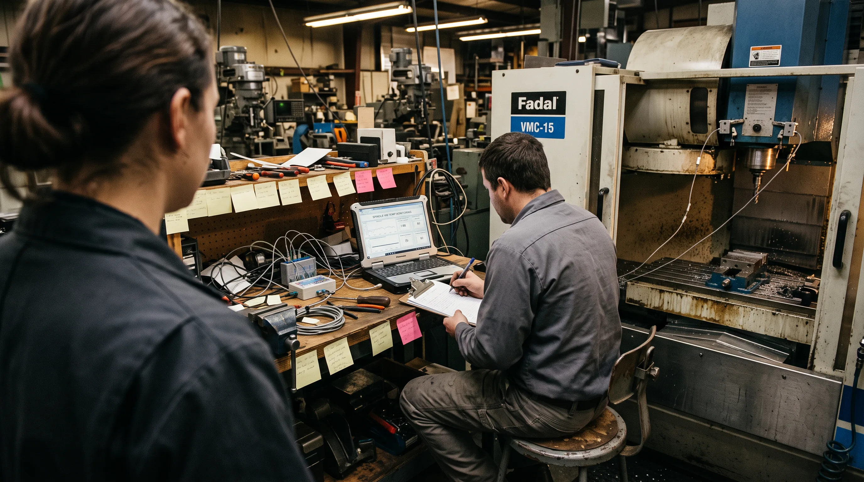 Technician watches a monitoring dashboard as sensors track a CNC machine spindle