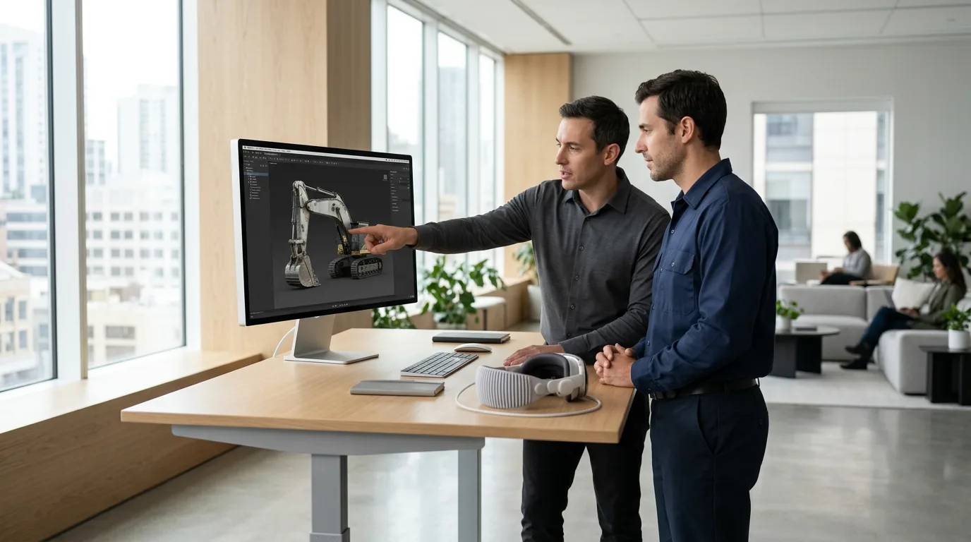 Two professionals reviewing 3D model of industrial machinery on monitor with VR headset nearby