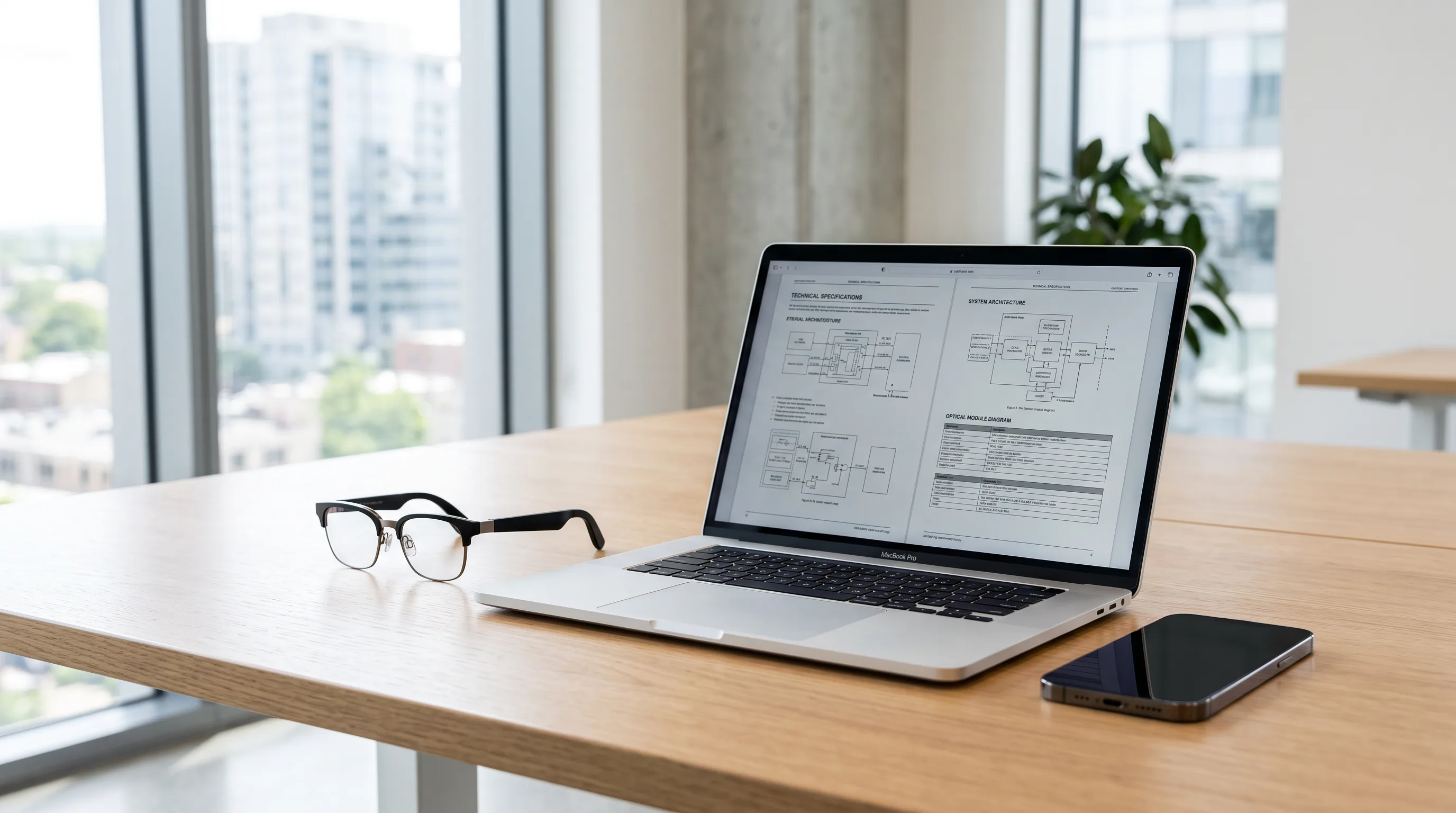 Designer smart glasses resting on a light oak desk beside a laptop and smartphone in soft natural light