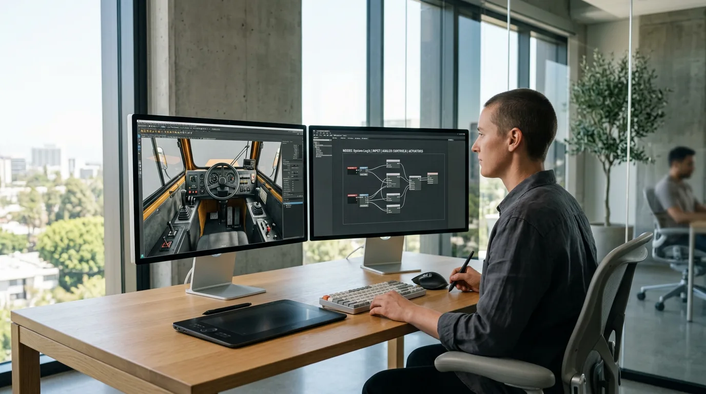 Developer at dual-monitor setup creating 3D industrial environment and scripting interface