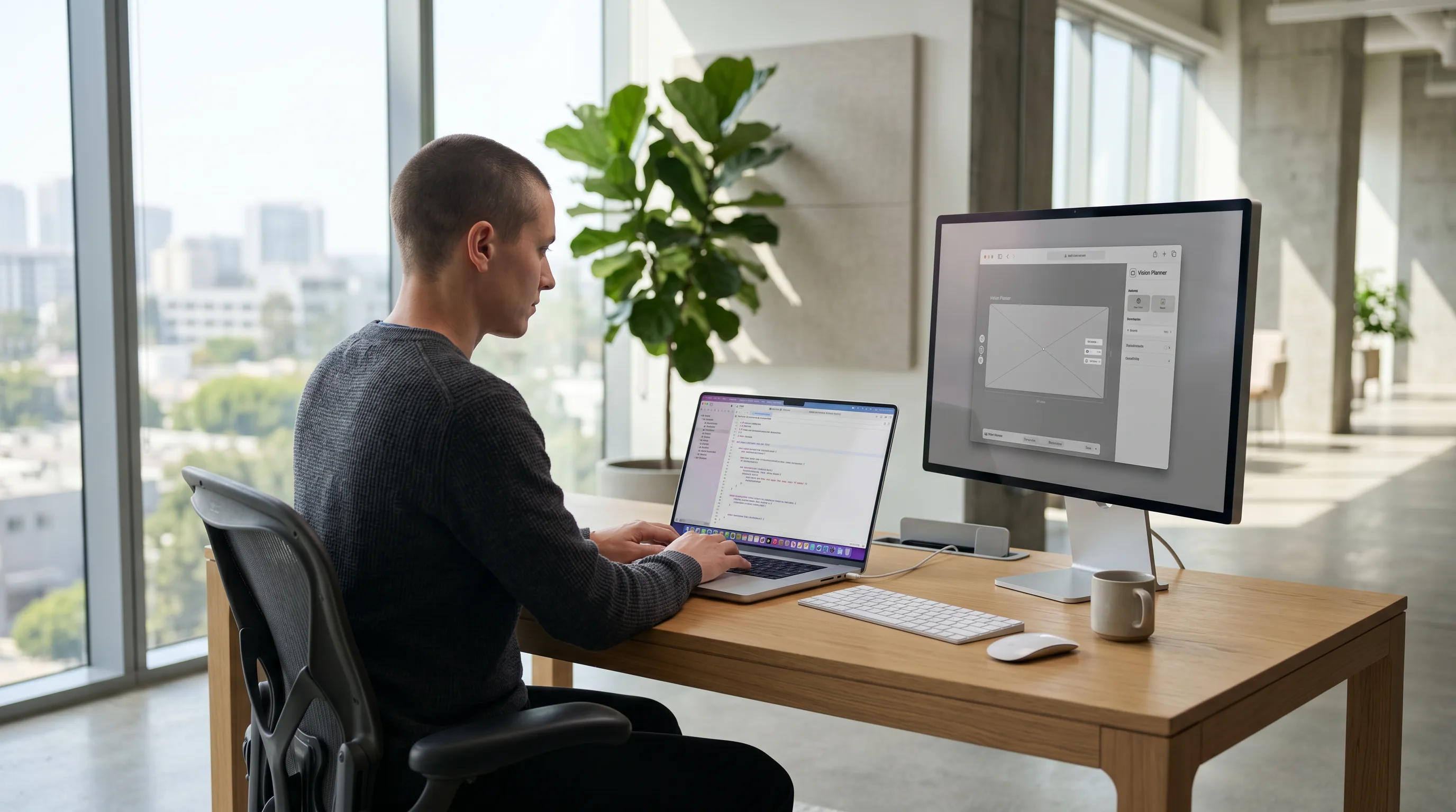 Developer coding Swift in Xcode on MacBook Pro with visionOS wireframe on monitor.