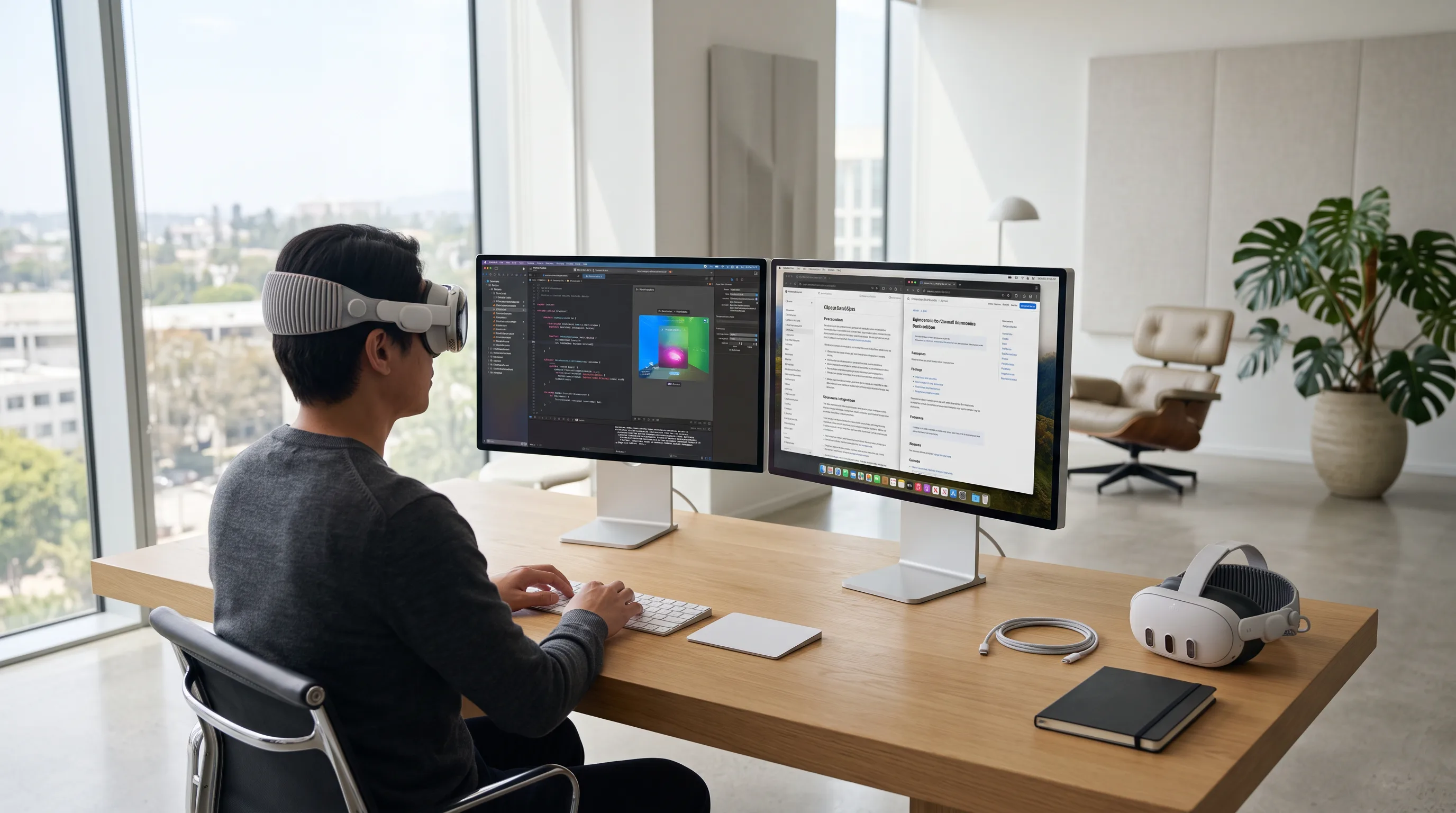 Developer wearing an Apple Vision Pro headset coding a spatial app in Xcode at a light-oak desk