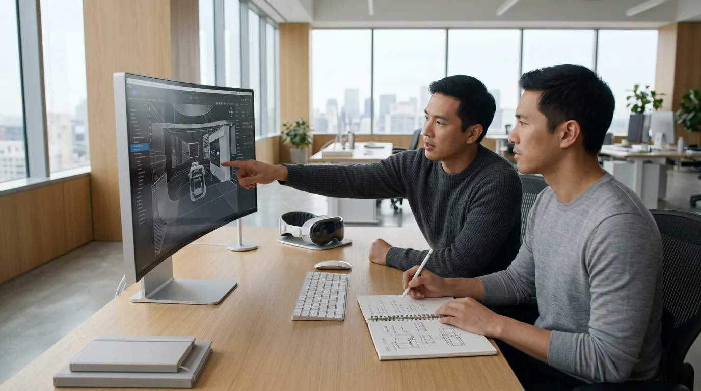 Two developers reviewing VR app interface on curved monitor in modern workspace