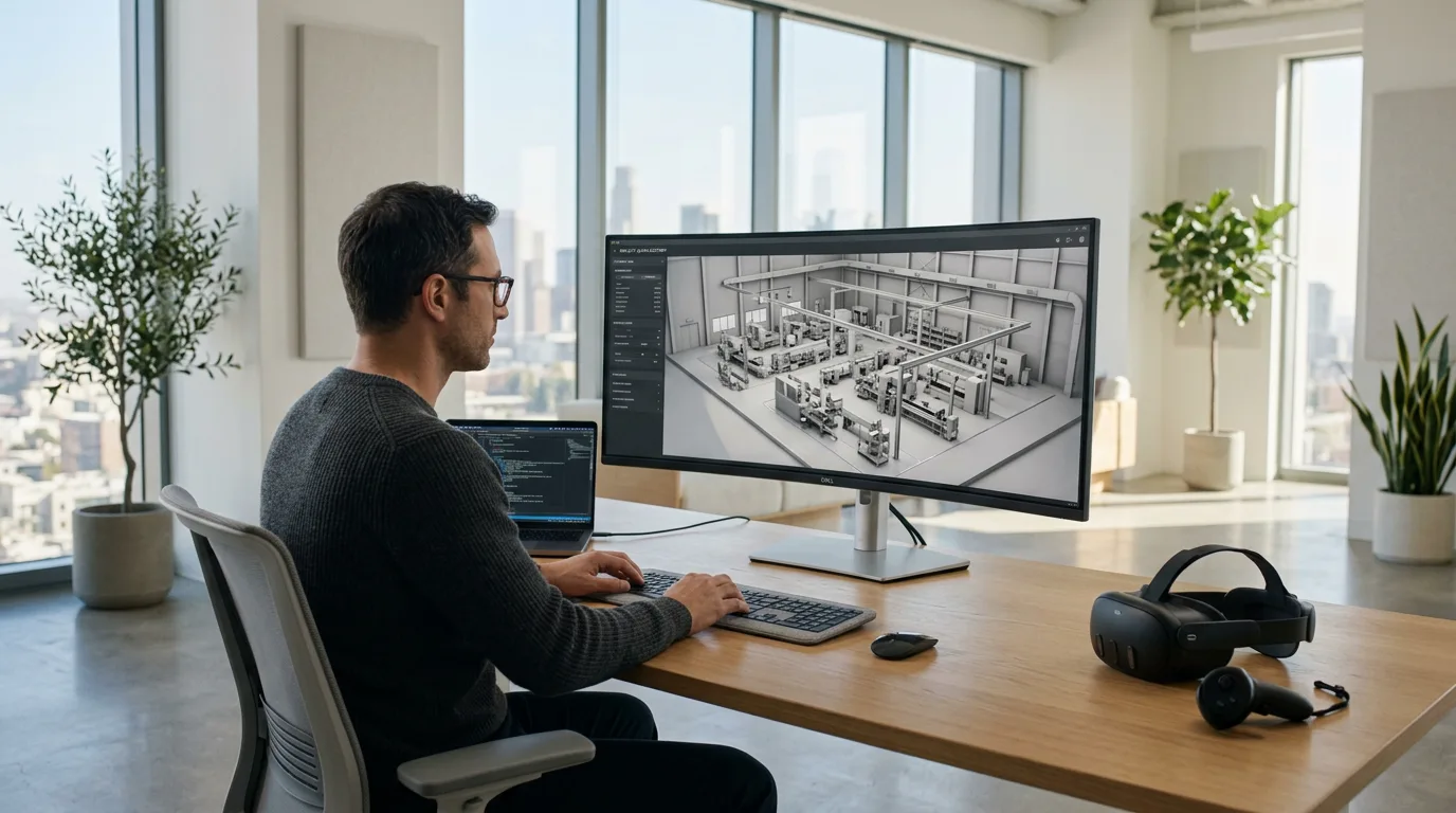 Engineer at a curved monitor reviewing a 3D factory model alongside a Meta Quest headset at a digital twin technology
