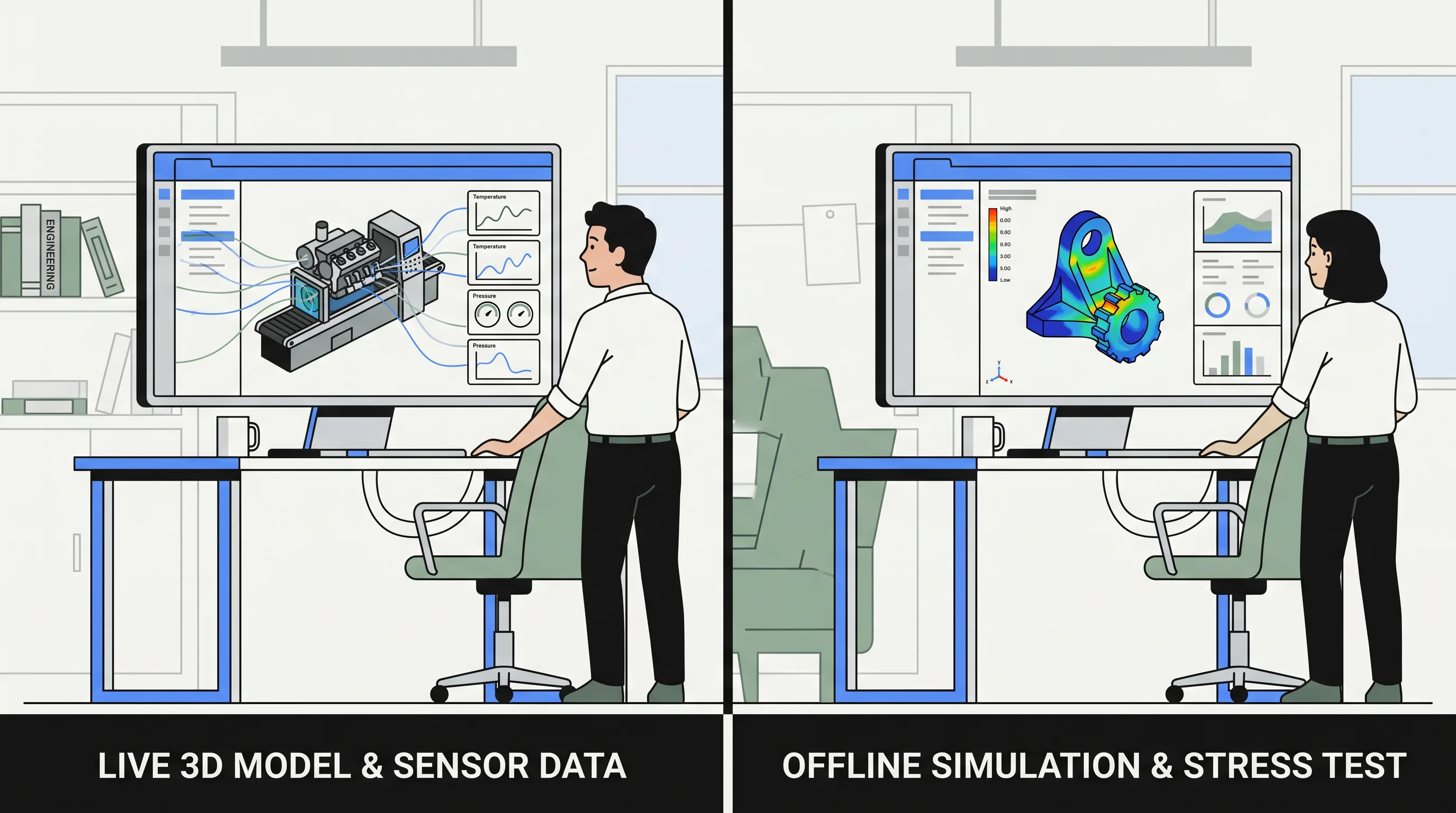 Engineer compares a live digital twin screen against a static offline simulation