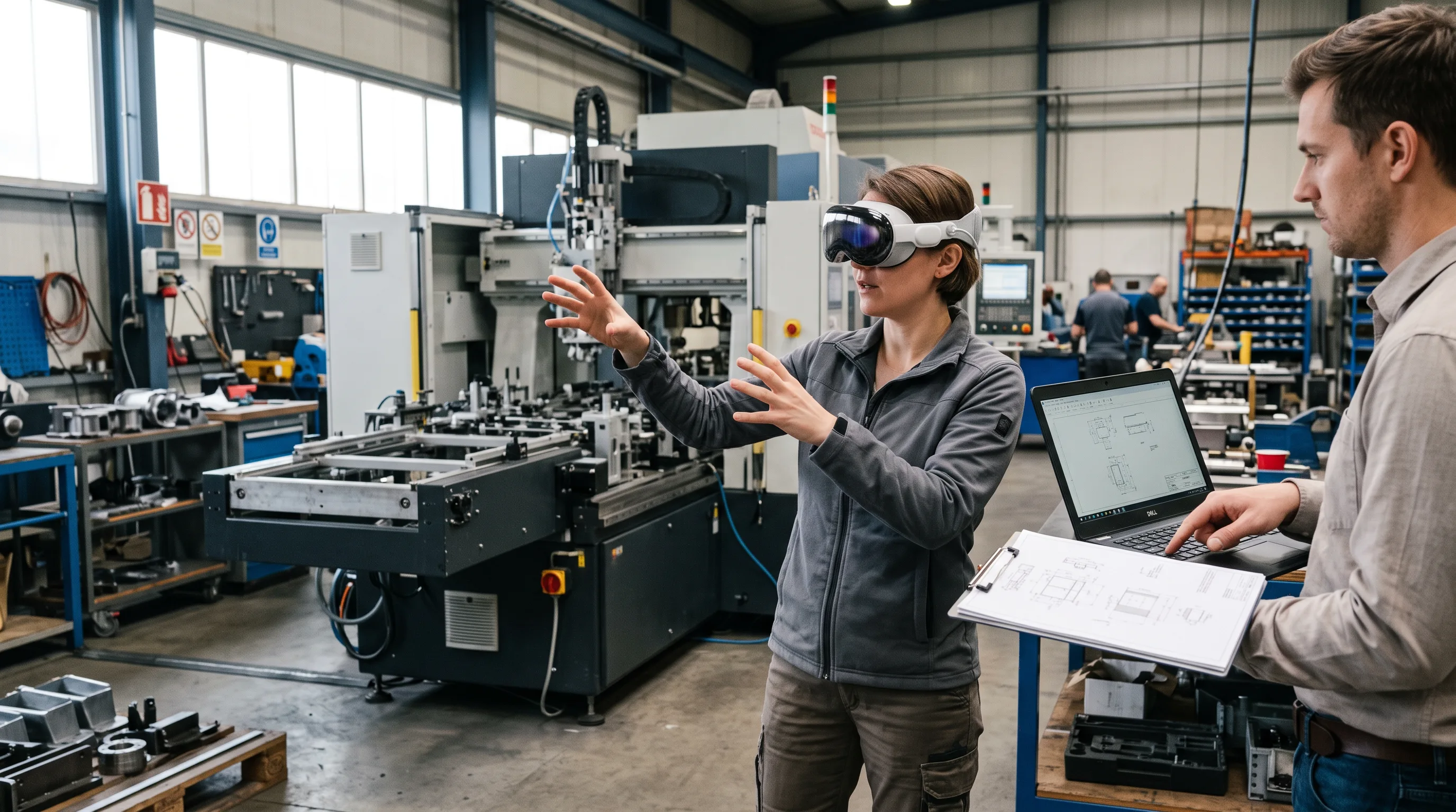 Engineer in an Apple Vision Pro walks a full-scale digital twin at a design review