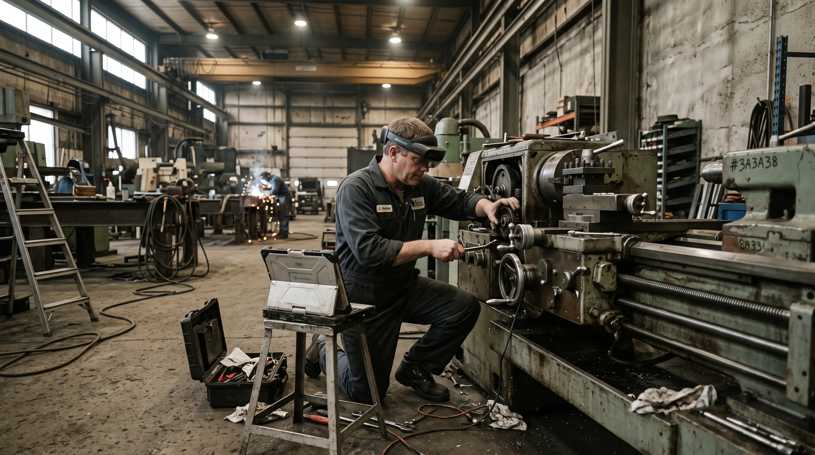 Technician wearing a HoloLens 2 repairs machinery on a factory floor