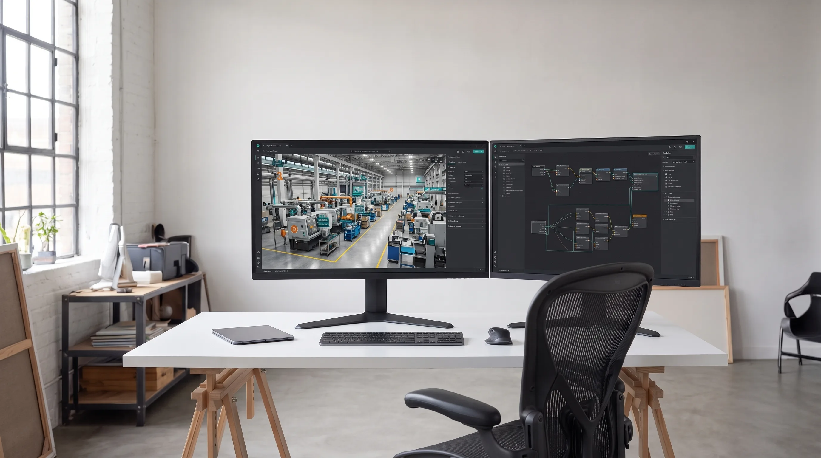 Enterprise Unity digital twin of a factory floor on a dual-monitor workstation