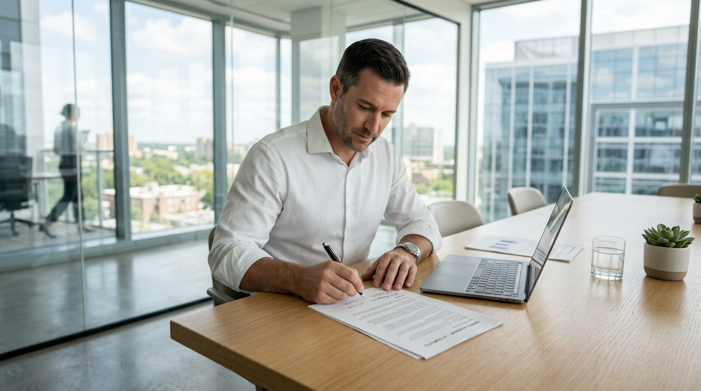 Executive signing printed contract beside laptop at minimalist conference table