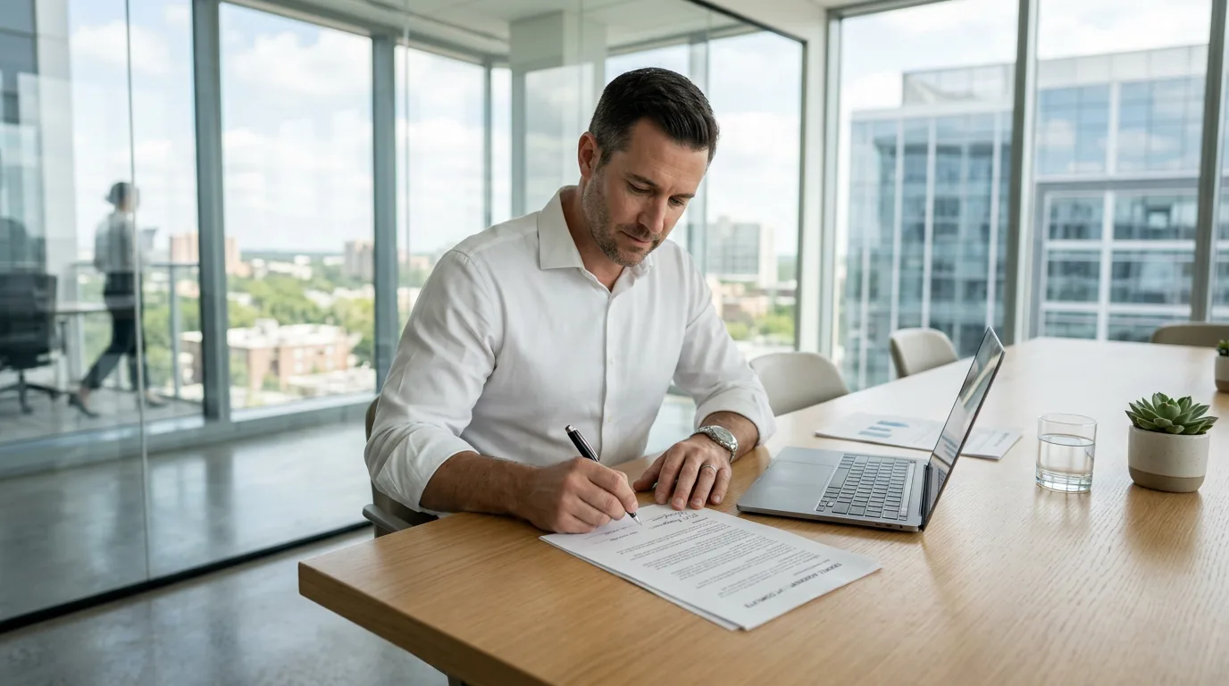 Executive signing printed contract beside laptop at minimalist conference table