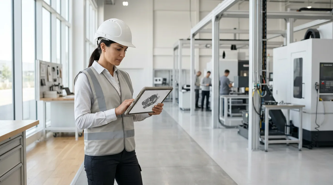 Manufacturing engineer in a hard hat holding an enterprise tablet showing a greyscale 3D schematic on a modern factory floor.