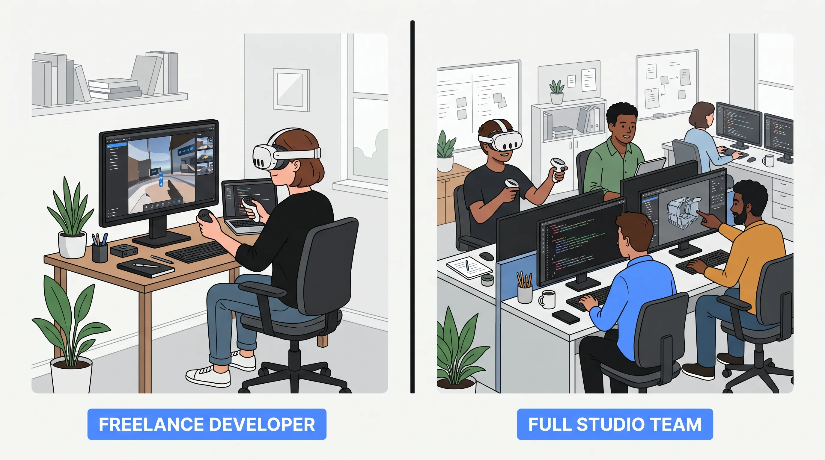 Split view of a solo freelance VR developer and a full studio team at workstations.