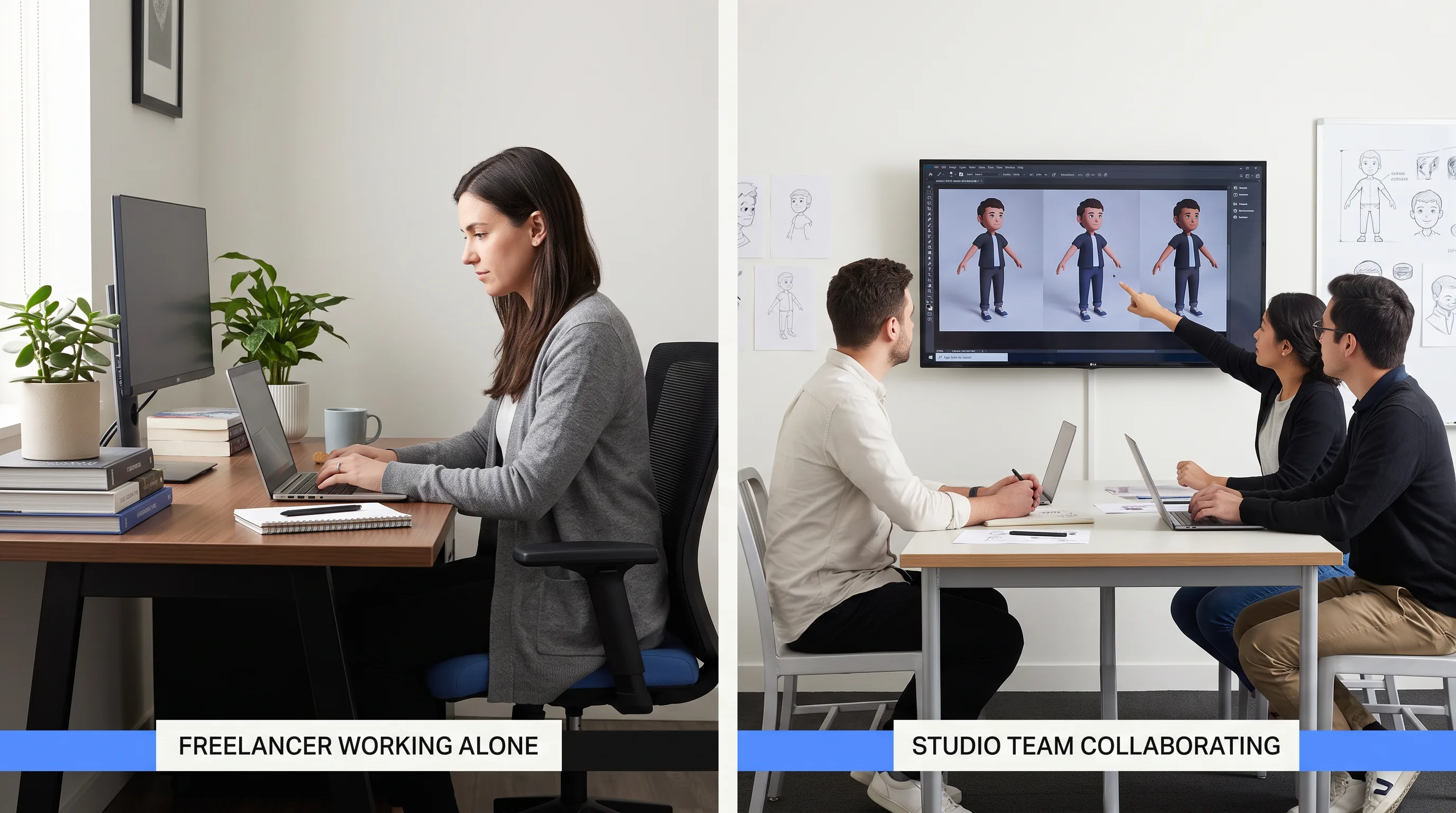 Two panels comparing a freelancer at a laptop with a studio team reviewing renders.