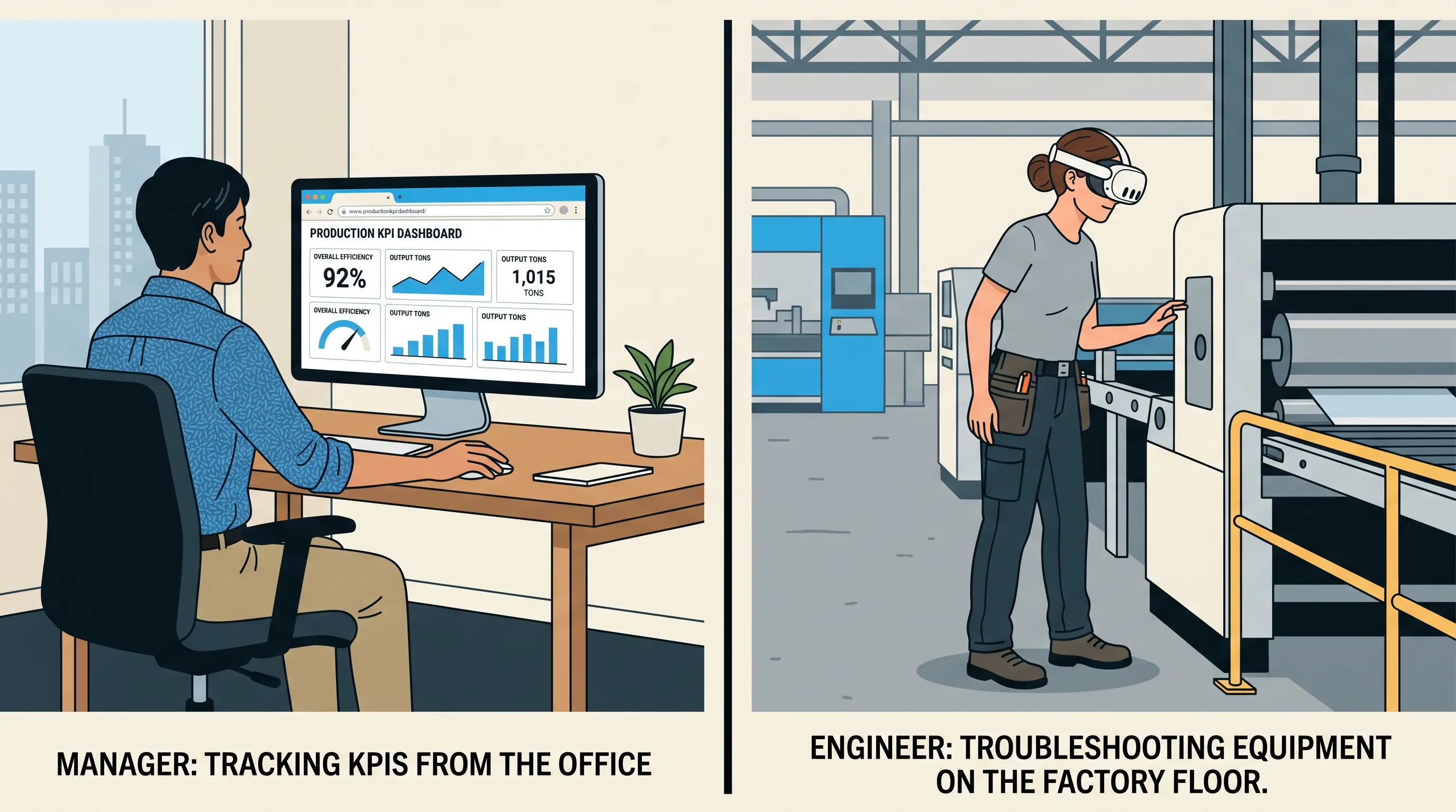 Split comparison of a browser KPI dashboard versus a headset on the factory floor
