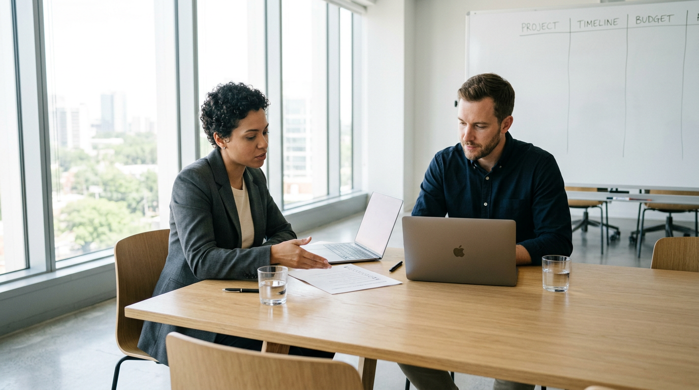 Healthcare executive and developer discussing AR project at a minimalist conference table.