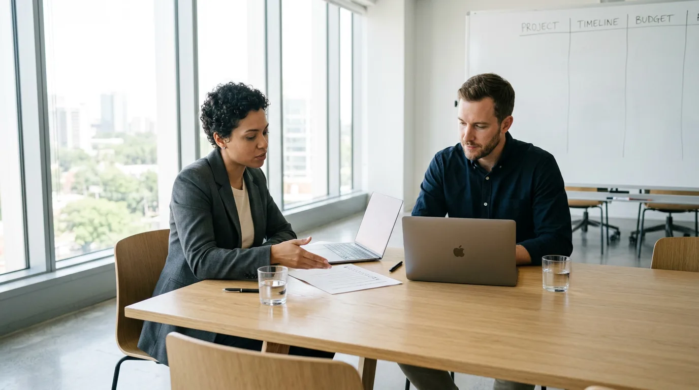 Healthcare executive and developer discussing AR project at a minimalist conference table.
