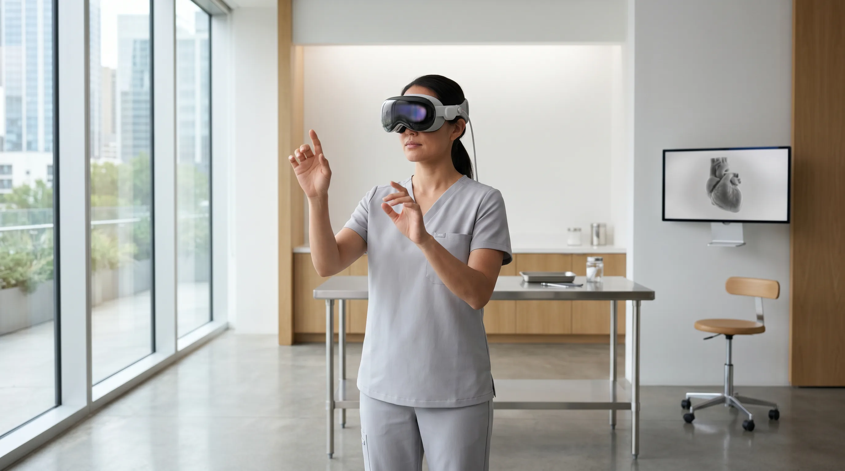 Healthcare professional using Apple Vision Pro in clean clinical training room.