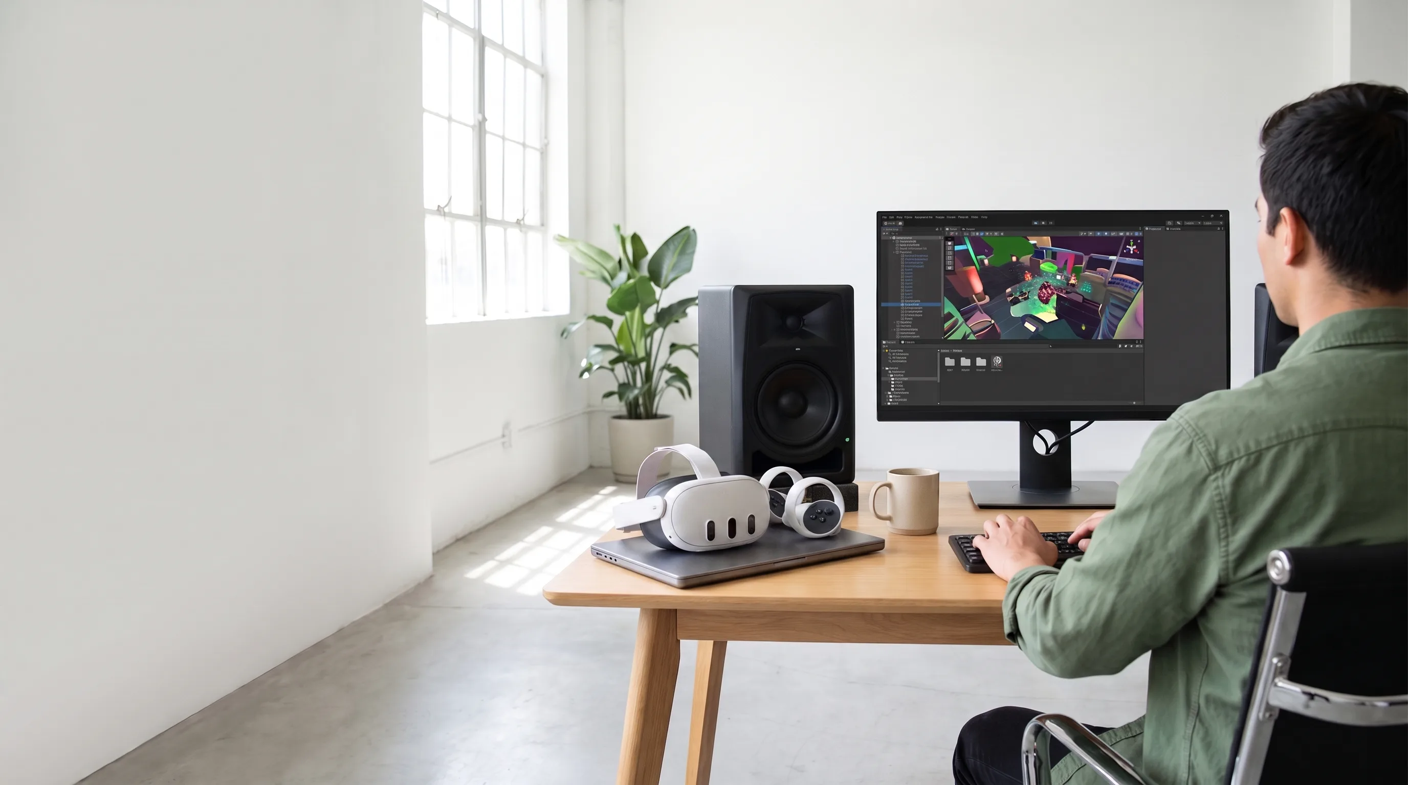 Hire Unity developers — a Frame Sixty engineer building in the Unity Editor with a Meta Quest 3S on the desk