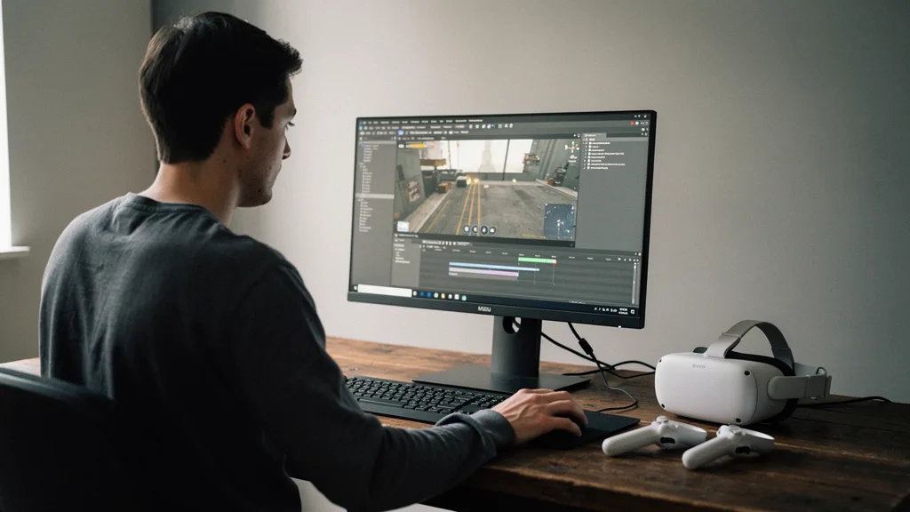 Studio desk for teams that hire VR developers, with a Meta Quest 3 and Unity project.