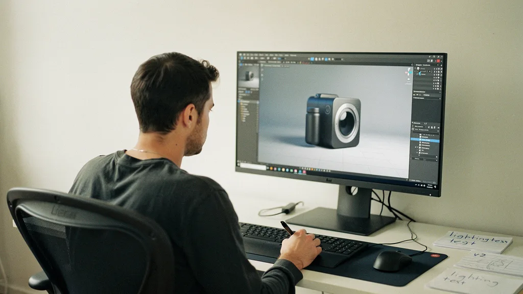 A 3D artist reviews a render on a studio monitor, showing how much 3D rendering costs.