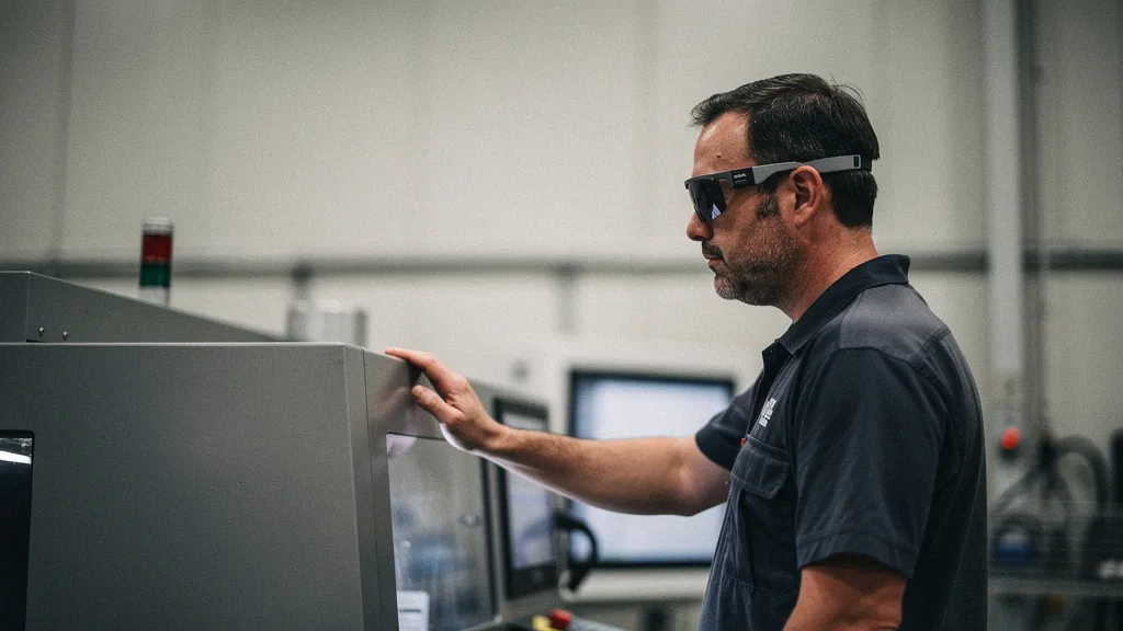 Factory technician using industrial augmented reality smart glasses beside a machine