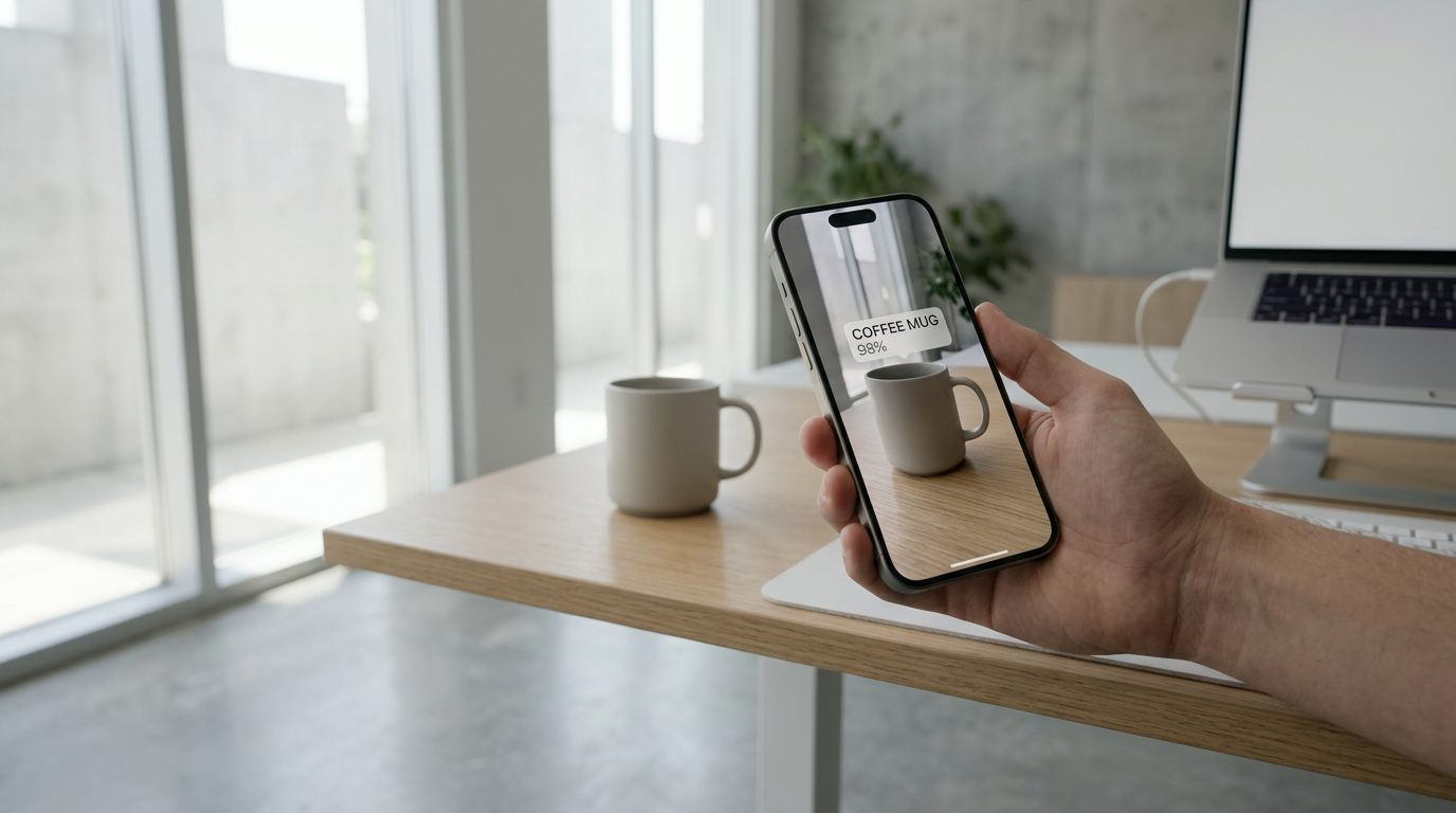Close-up of iPhone recognizing a coffee mug with labeled object detection overlay