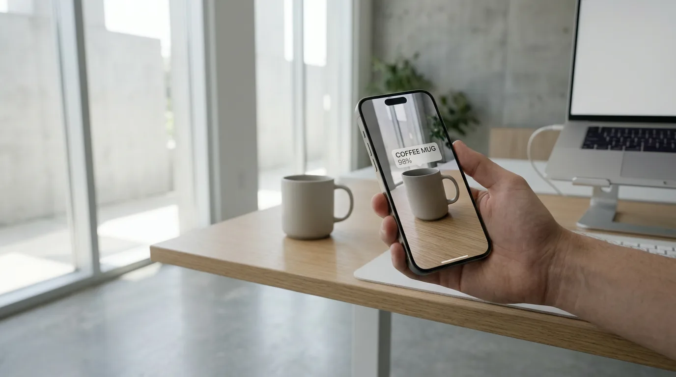 Close-up of iPhone recognizing a coffee mug with labeled object detection overlay