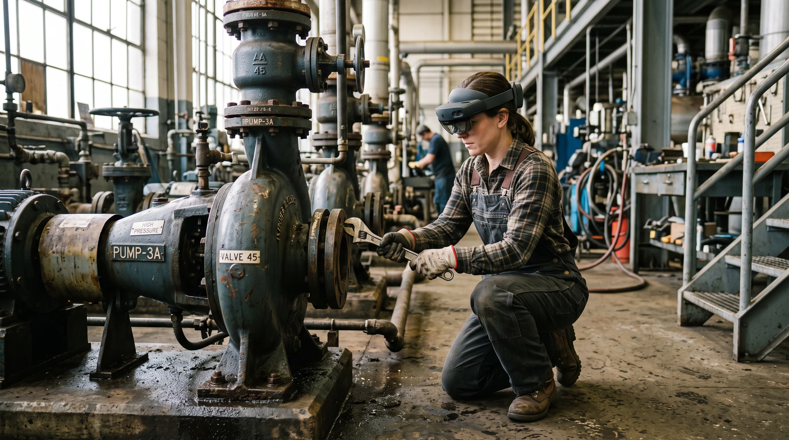 Technician wearing a HoloLens 2 headset repairs a large industrial pump