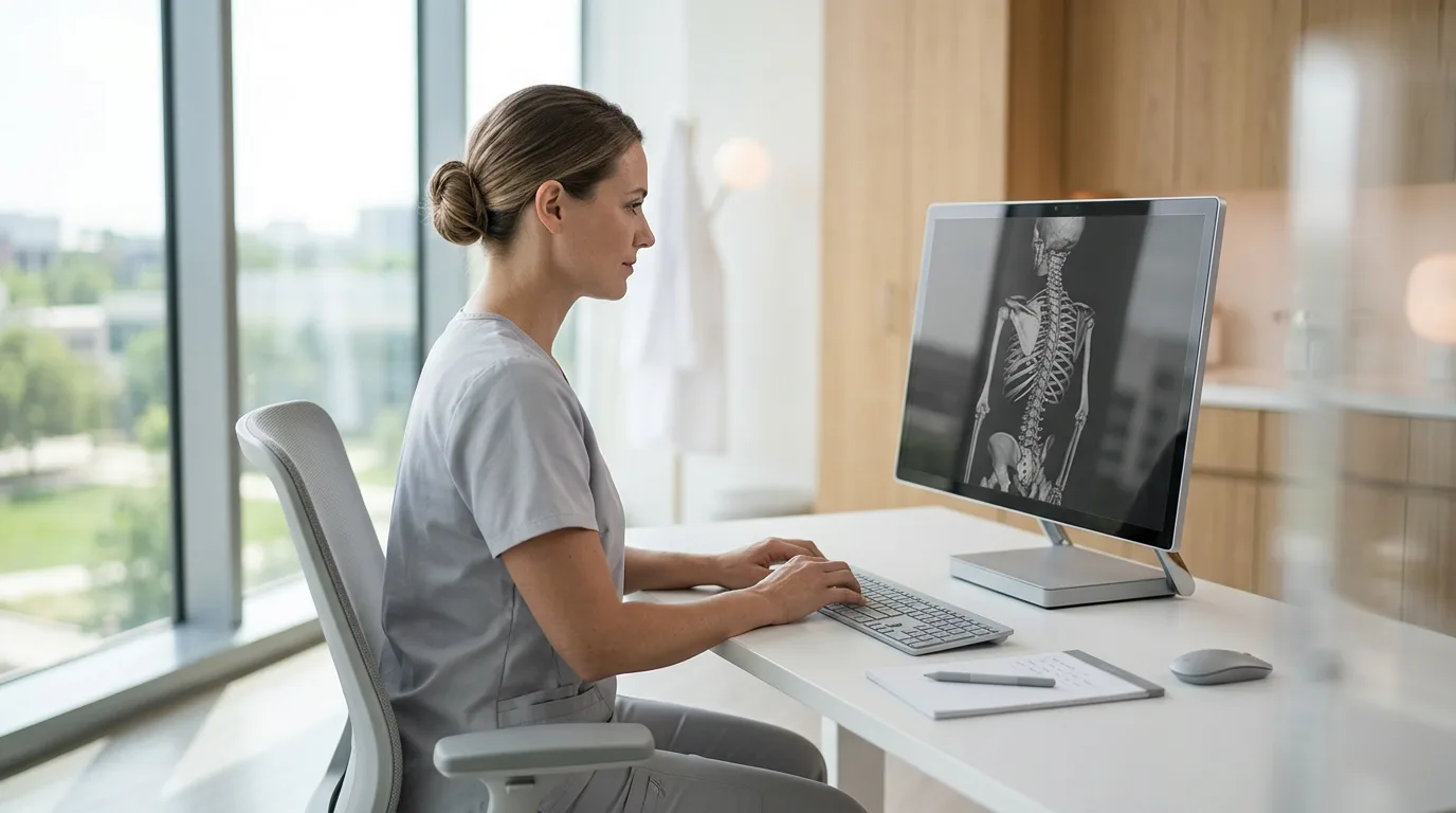 Medical professional in grey scrubs studying a detailed greyscale 3D anatomical model on a large clinical workstation