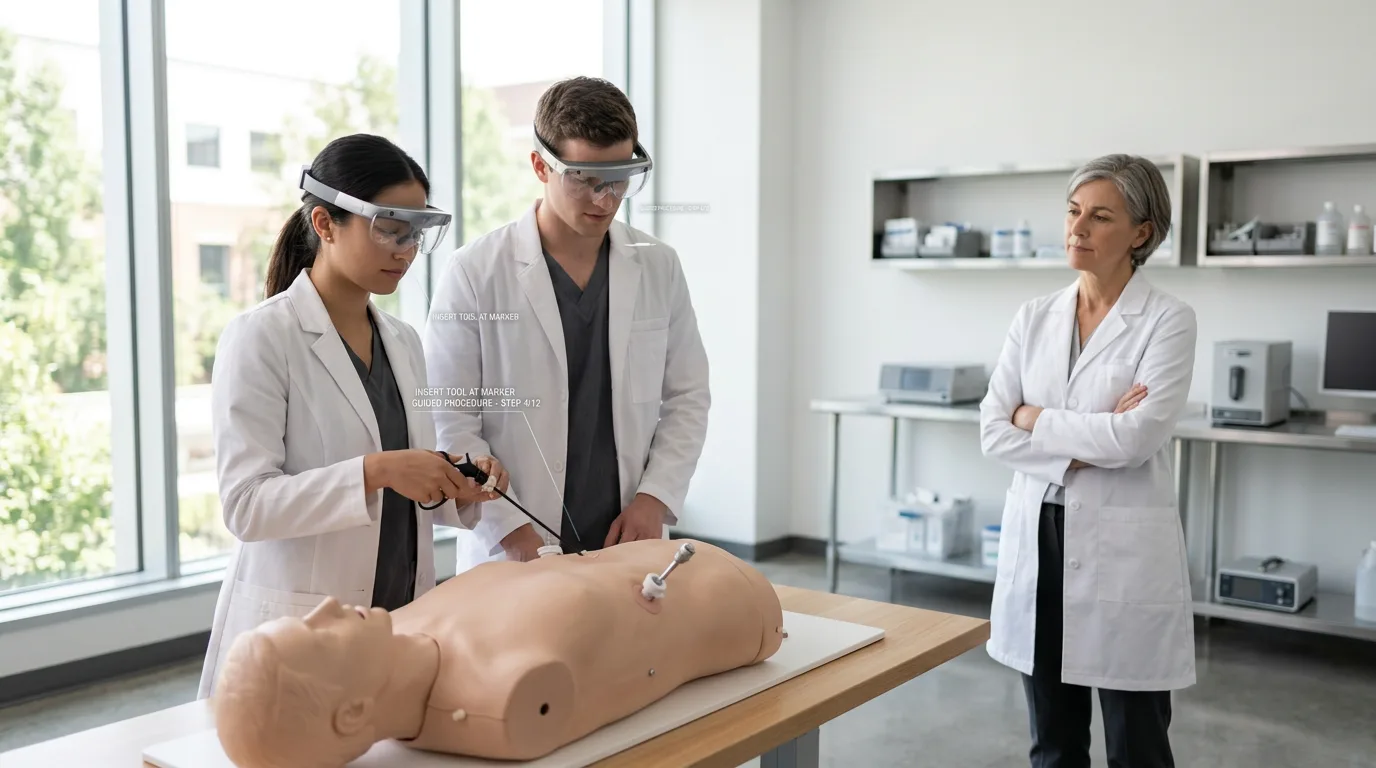 Medical students using AR headsets during a guided simulation in a modern training lab.