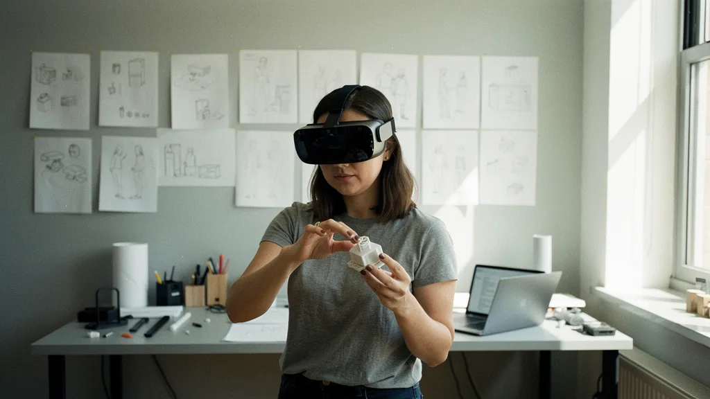 Designer wearing an Apple Vision Pro inspects a 3D model among mixed reality products