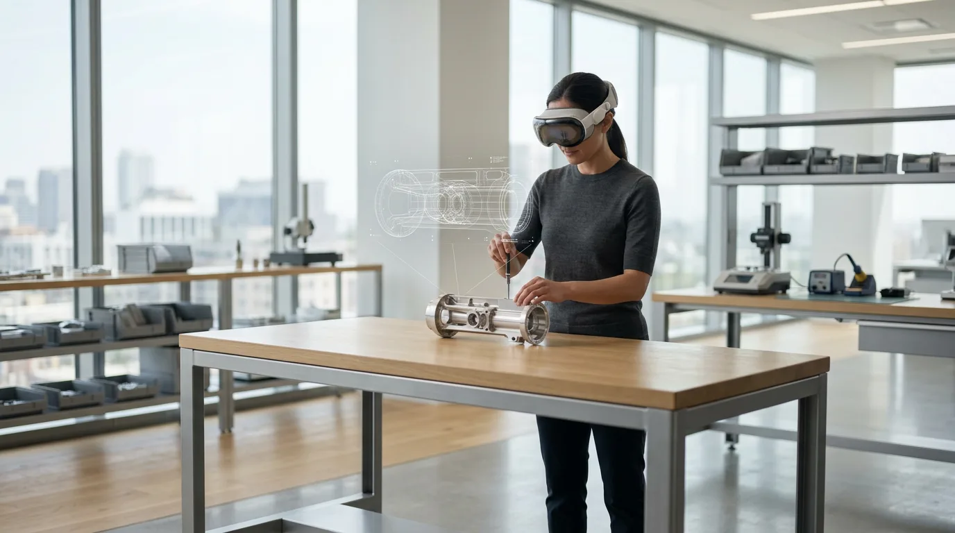 Technician using MR headset viewing holographic blueprint above precision metal component on worktable.