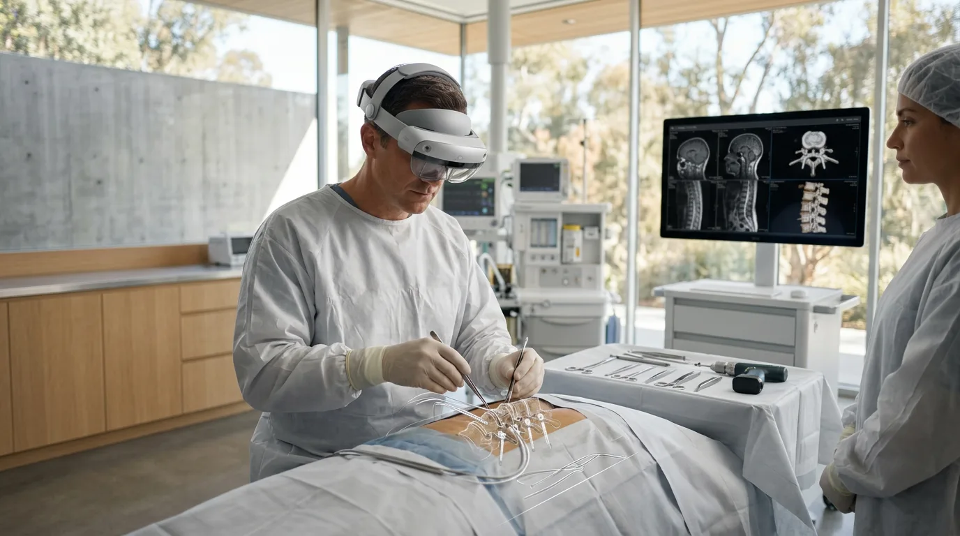 Neurosurgeon using AR headset with spinal overlay guidance in a clean operating theater.