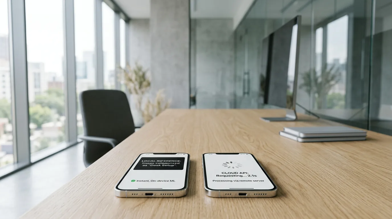 Two smartphones side by side showing on-device inference and cloud API response
