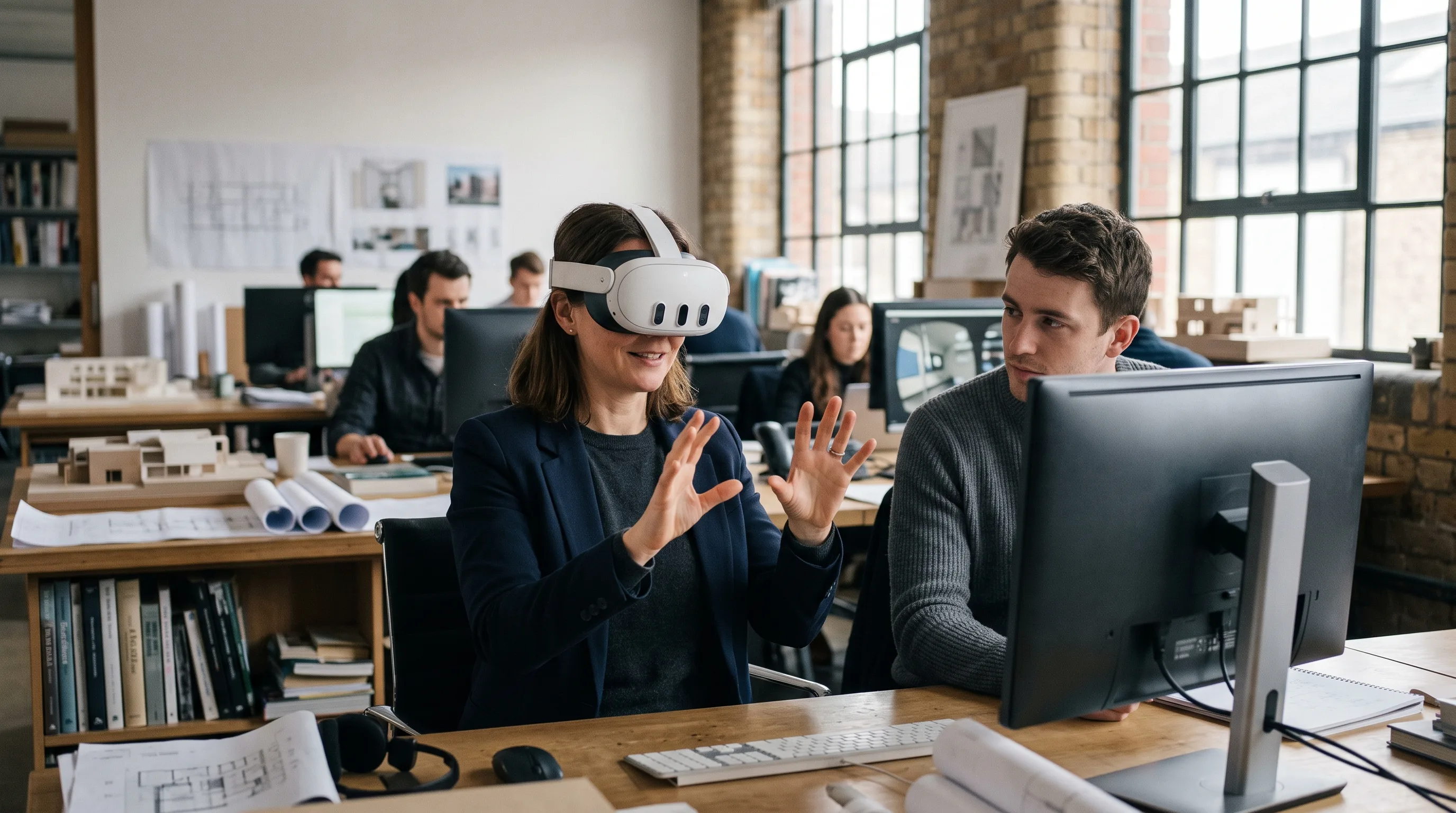 Hiring manager wearing a Meta Quest 3, testing a VR app while a colleague watches.