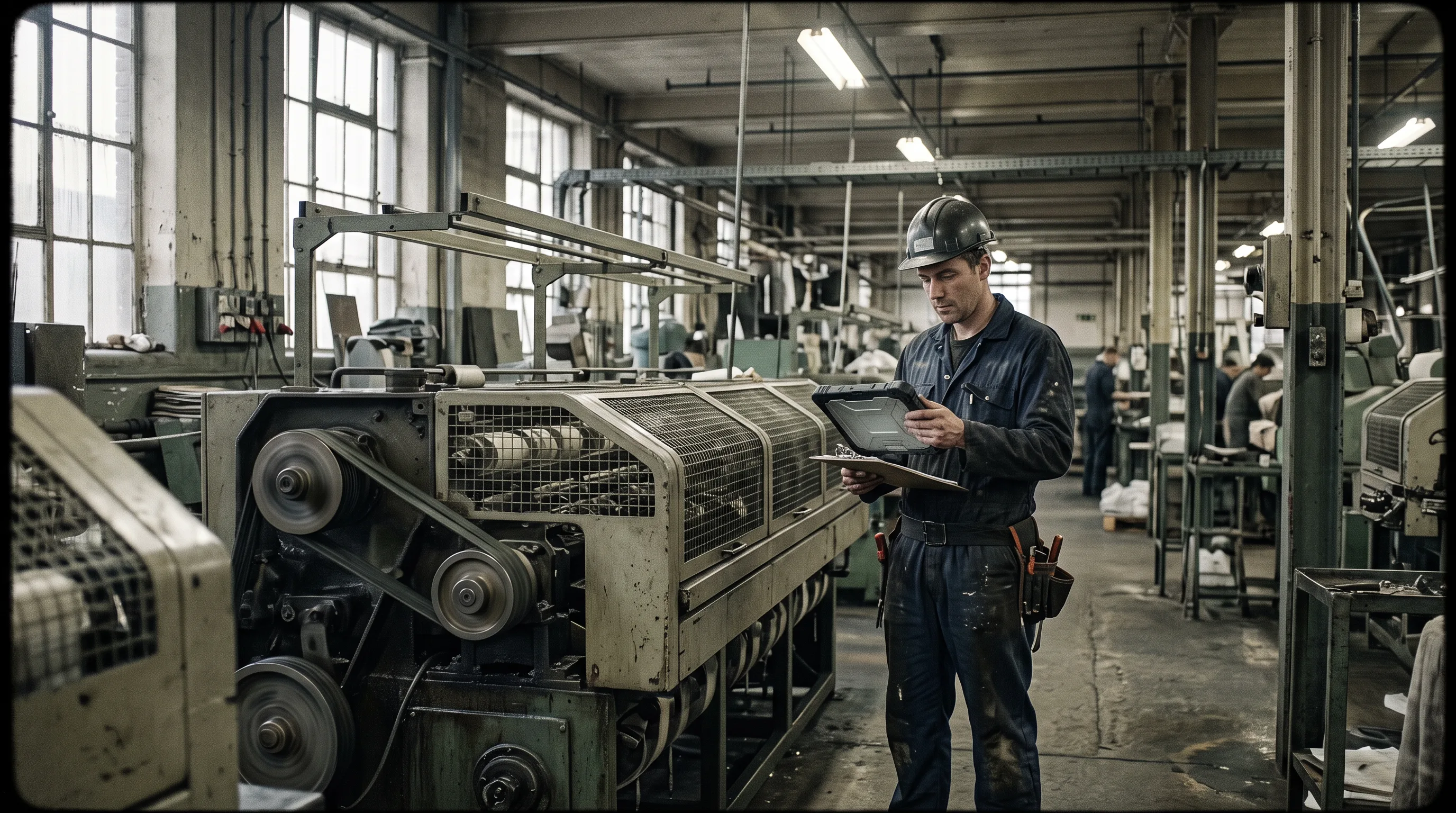 Maintenance technician reads machine sensor data on a tablet on the factory floor