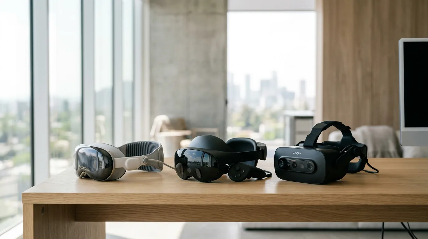 Three premium VR headsets arranged on light oak surface under soft natural light