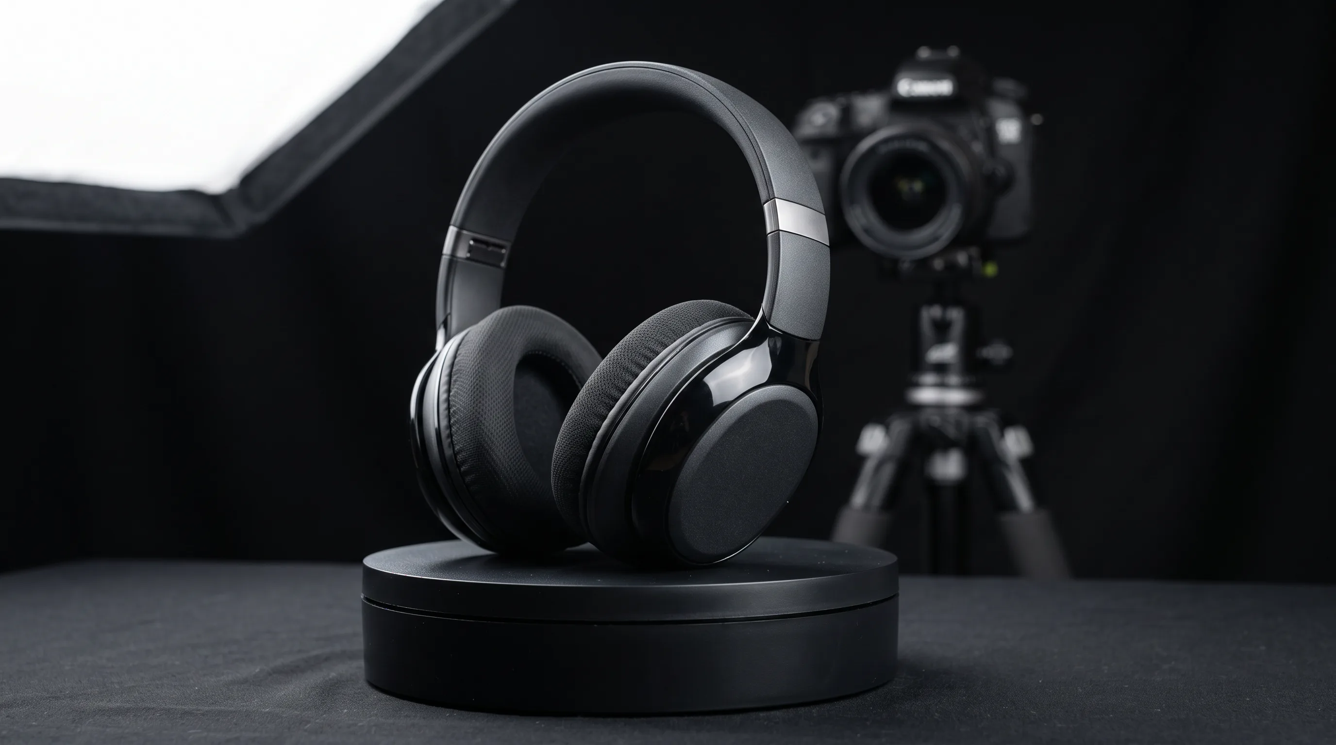 A consumer product on a turntable under studio softboxes for a product render shoot.