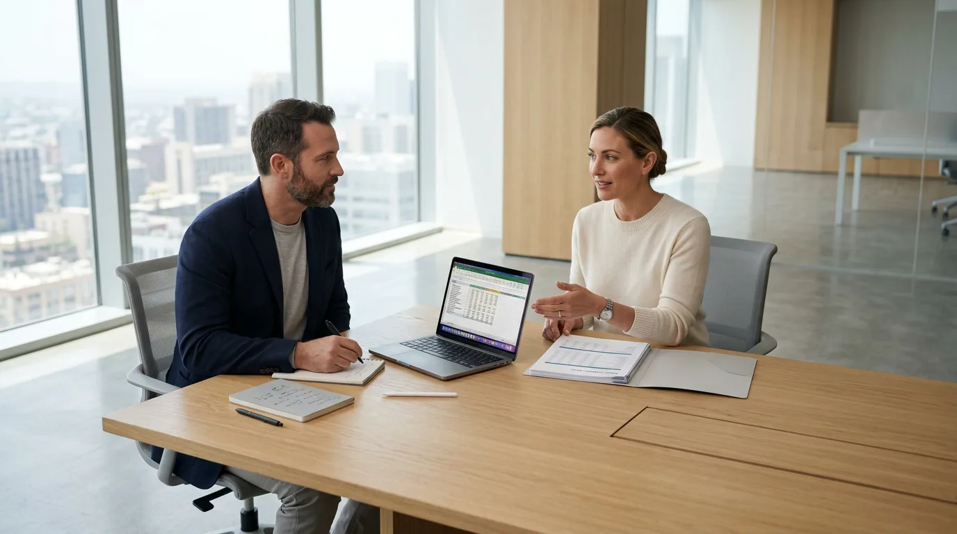 Two colleagues discuss project budget with laptop and printed document in modern meeting room