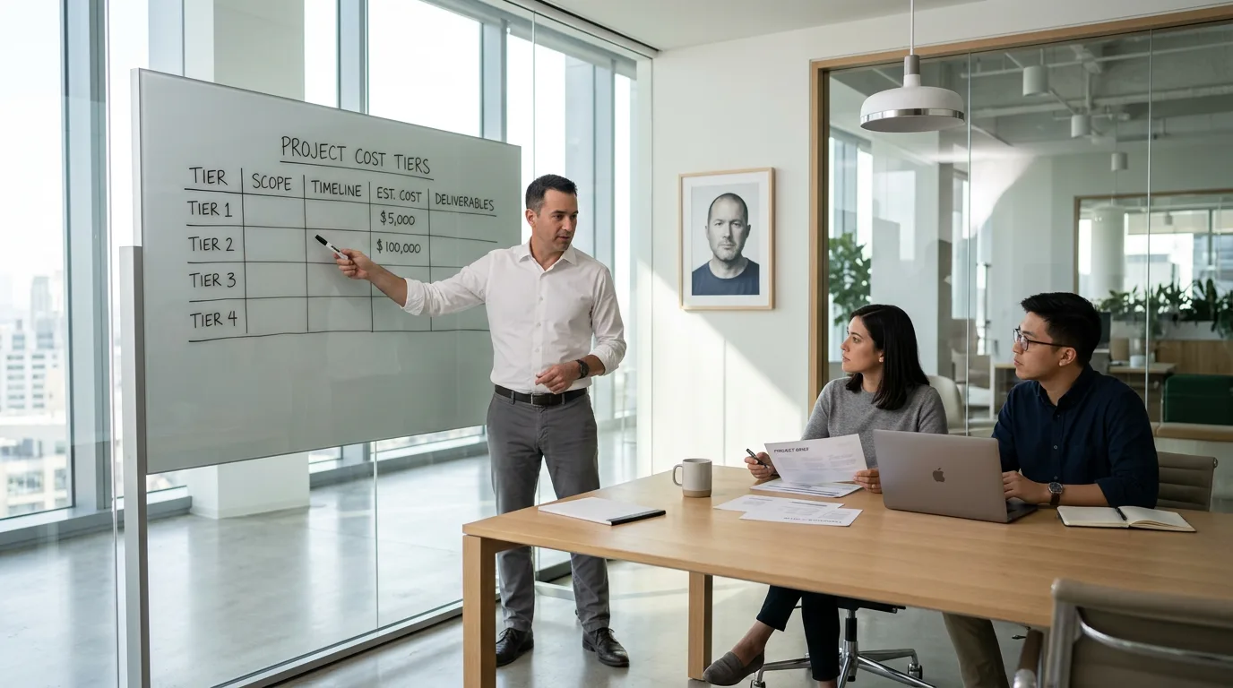 Project manager presenting cost tiers on glass whiteboard in bright conference room