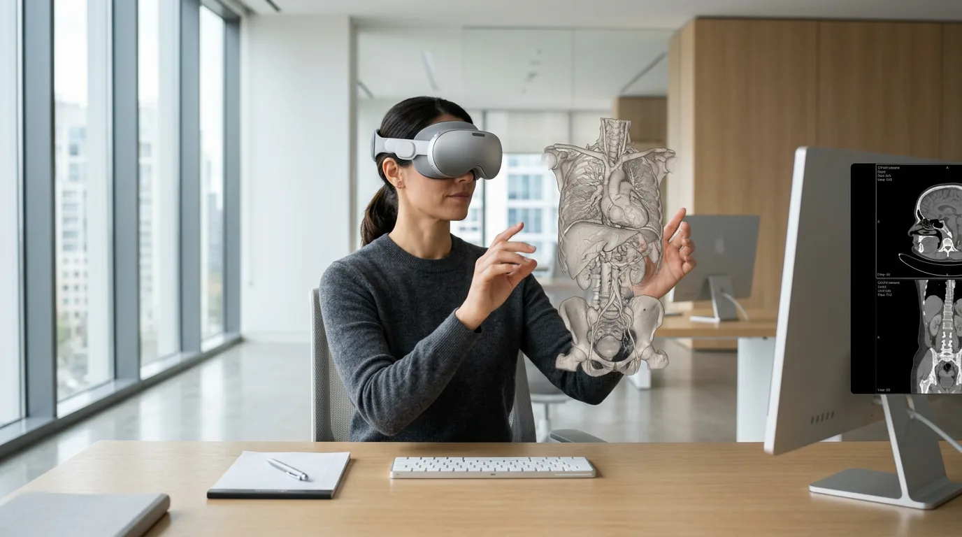Radiologist using spatial computing headset to view 3D CT volume at a minimalist desk.