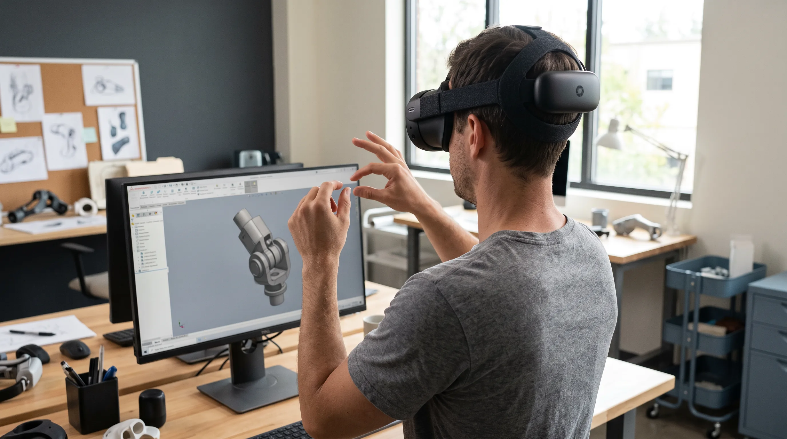 A designer in a headset, seen from behind, rotates a virtual product in a bright office.
