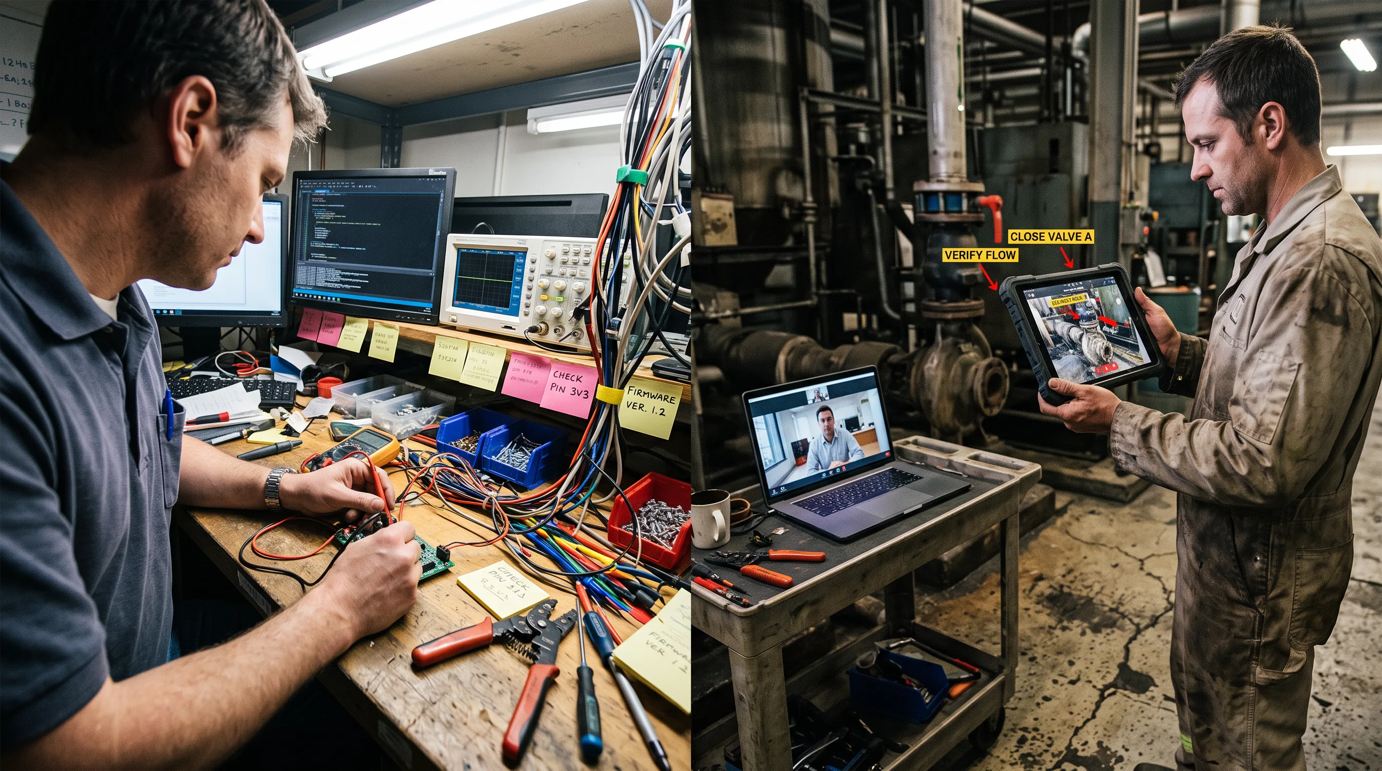 Technician holds a tablet showing an annotated live video feed of a pump valve