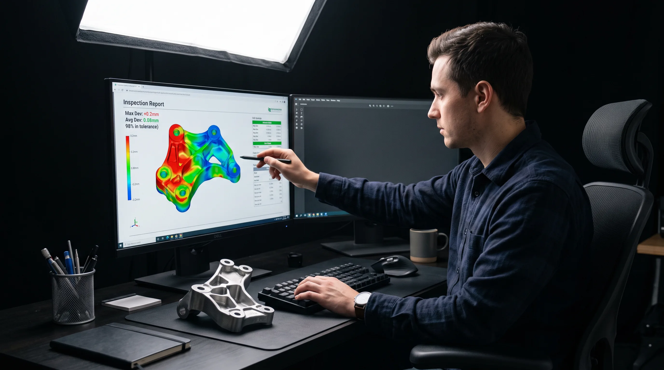 Engineer comparing a scanned automotive part to its CAD file on screen