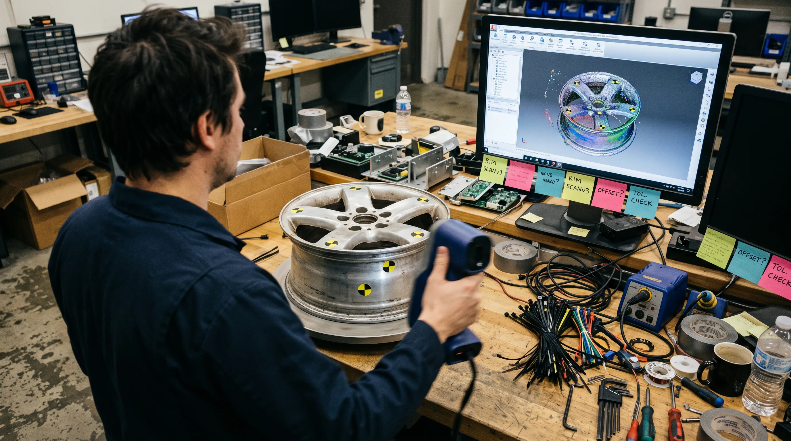 Operator scanning a car rim on a turntable while the mesh forms on screen