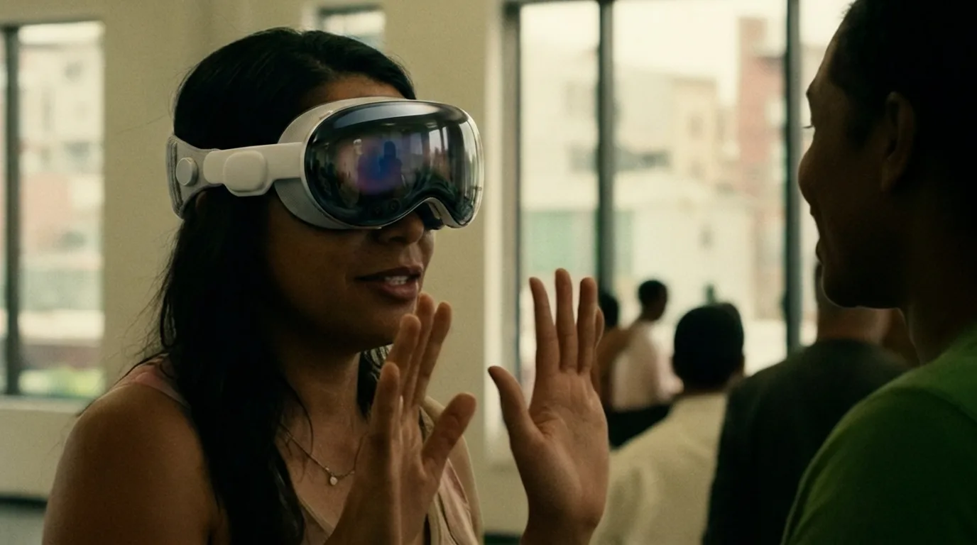 Woman wearing Apple Vision Pro while signing with a friend in a community space