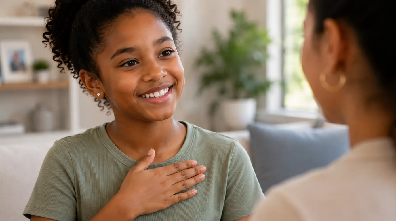 A child communicating in sign language with an adult at home