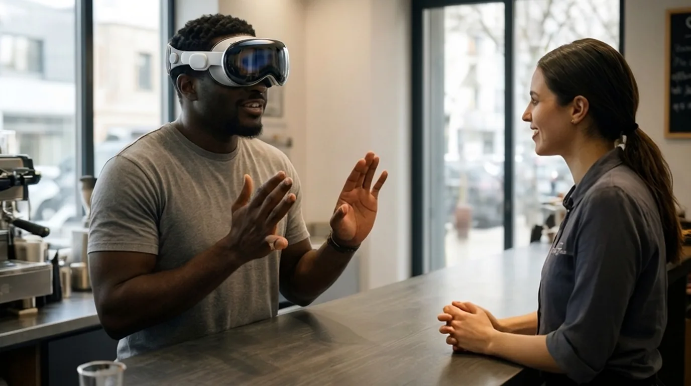 Man wearing a mixed-reality headset signing to a smiling barista across a café counter